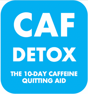 CafDetox logo consisting of white text on a blue background which reads "CafDetox The 10-Day Caffeine Quitting Aid"