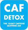 CafDetox logo consisting of white text on a blue background which reads 