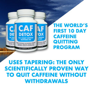 Three CafDetox bottles above text which reads "Uses tapering: the only scientifically proven way to quit caffeine without withdrawals". Text to the right of the three bottles reads "The world's first 10 day caffeine quitting program".
