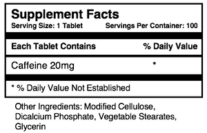 The supplement facts panel of the CafDetox bottle. It reads "serving size 1 tablet. Servings per container: 100. Each tablet contains: Caffeine 20mg. % Daily Value: *. The asterisk indicates that there is no established daily value for caffeine. Other ingredients: Modified cellulose, dicalcium phosphate, vegetable stearates, glycerin."